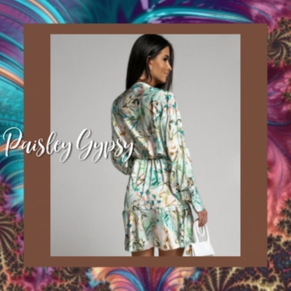 V NECK LANTERN SLEEVE HIGH FASHION FLORAL MINI DRESS - Picture 5 of 8
